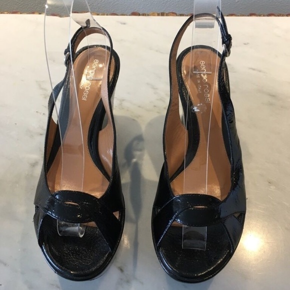 SERGIO ROSSI PLATFORM BLACK PATENT LEATHER SANDALS SZ 38 - Picture 1 of 5